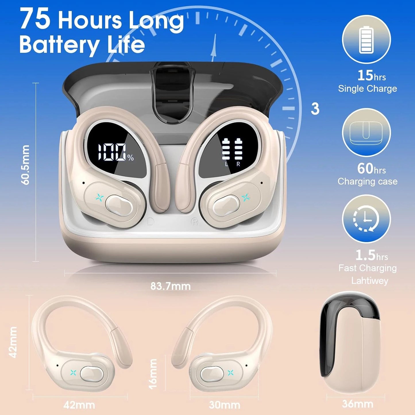 Sports Wireless Earbuds Bluetooth 5.4 TWS Wireless Headphones Waterproof Earhook Earphones with Deep Bass Noise Cancelling Mic - ecowave store