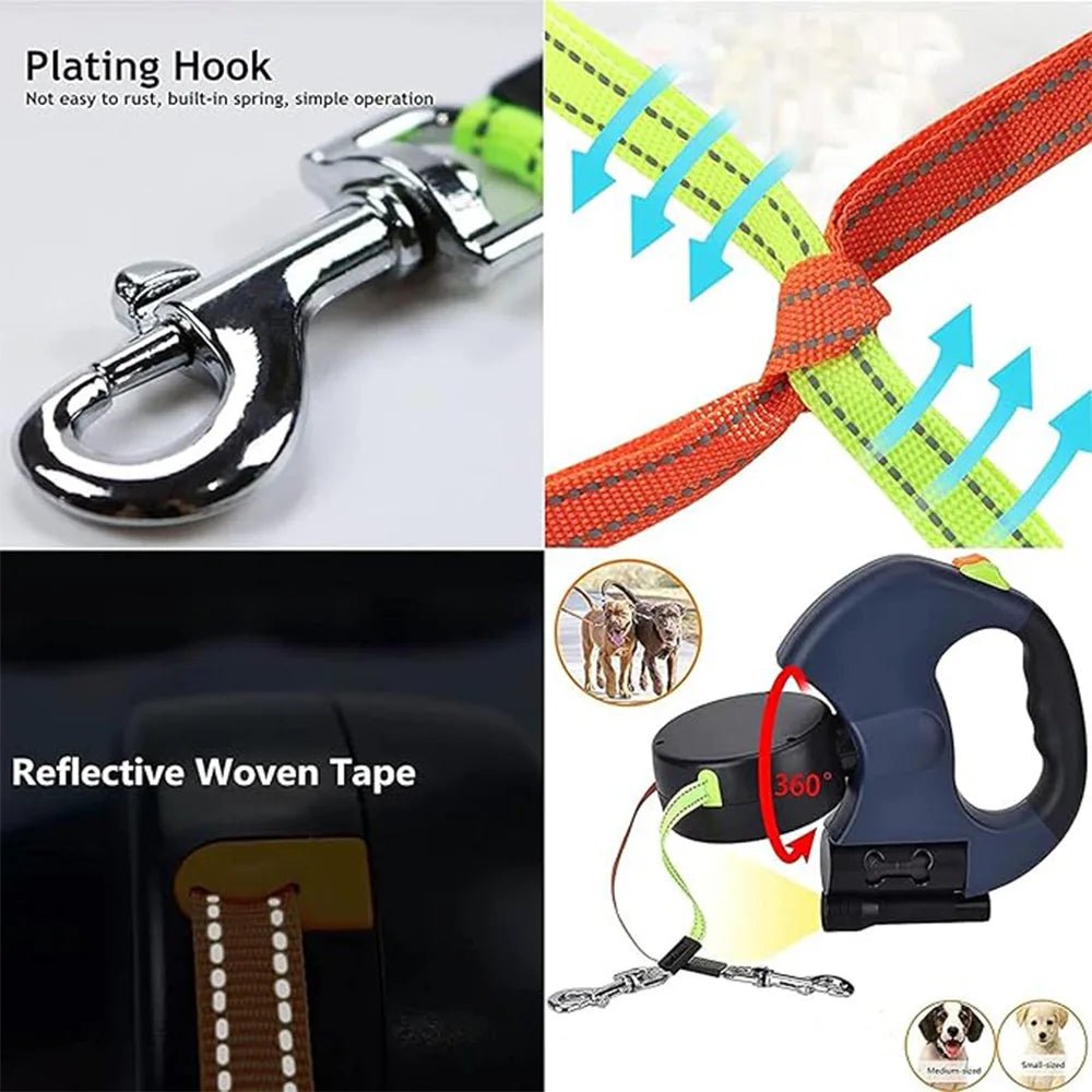 3m LED spotlight dual head reflective pet leash with automatic extension and one click locking for cat and dog leash - ecowave store